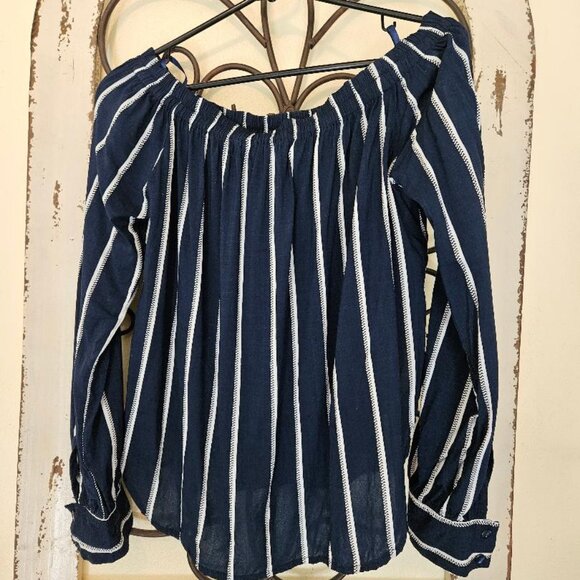Women`s FAITHFULL THE BRAND striped navy and white off the shoulder Blouse - Picture 2 of 9
